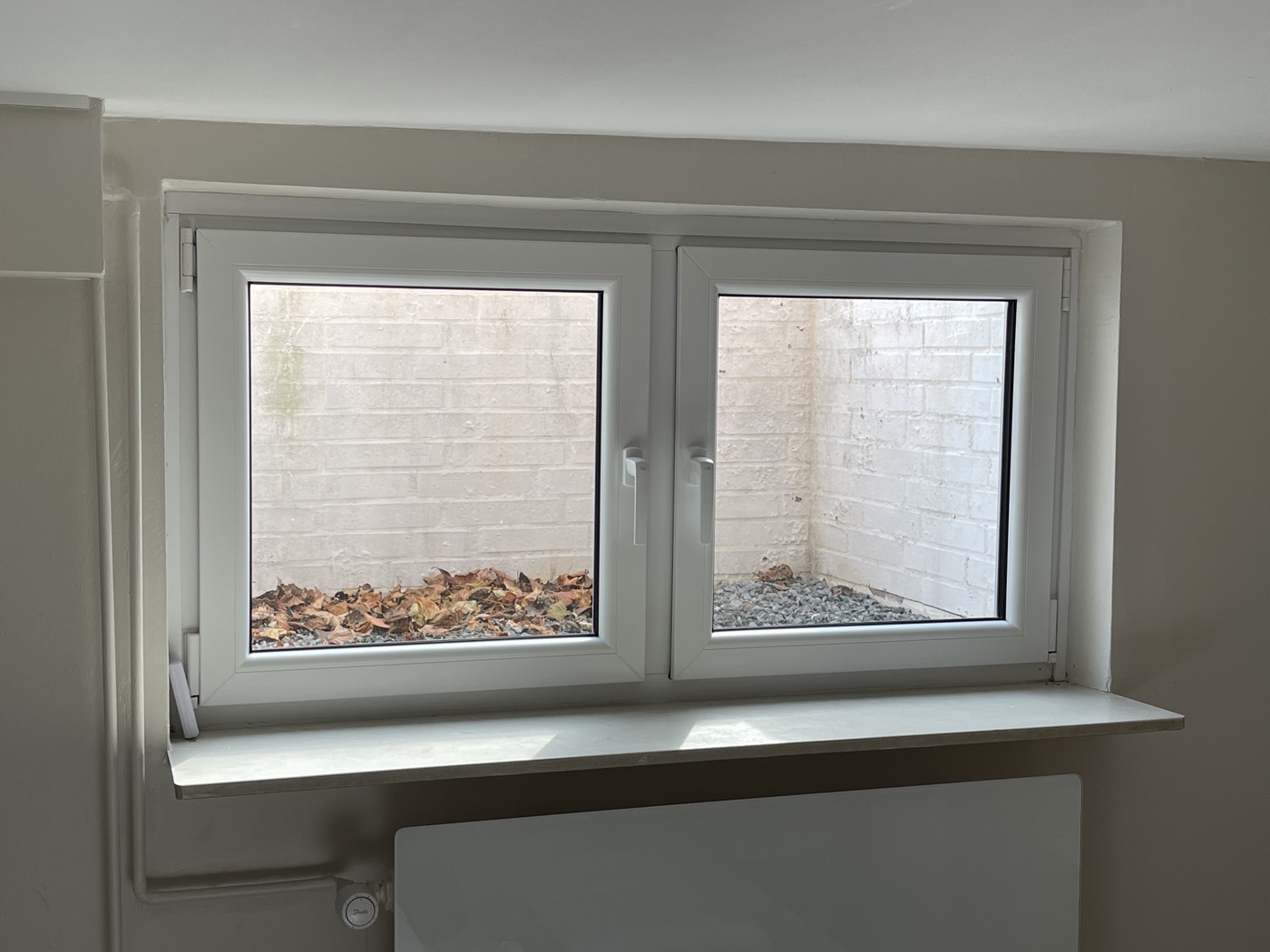 Vorher: Doppelfenster mit Blattwerk